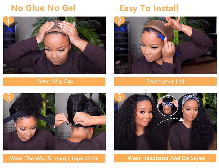 Afro Kinky Curly Headband Wig – 100% Human Hair, 180% Density, Glueless Brazilian Wig for Black Women