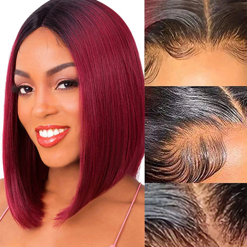 Short Straight Bob Wig – 1B/99J Burgundy Lace Front Human Hair, T Part, Pre-Plucked, 100% Remy Indian Hair
