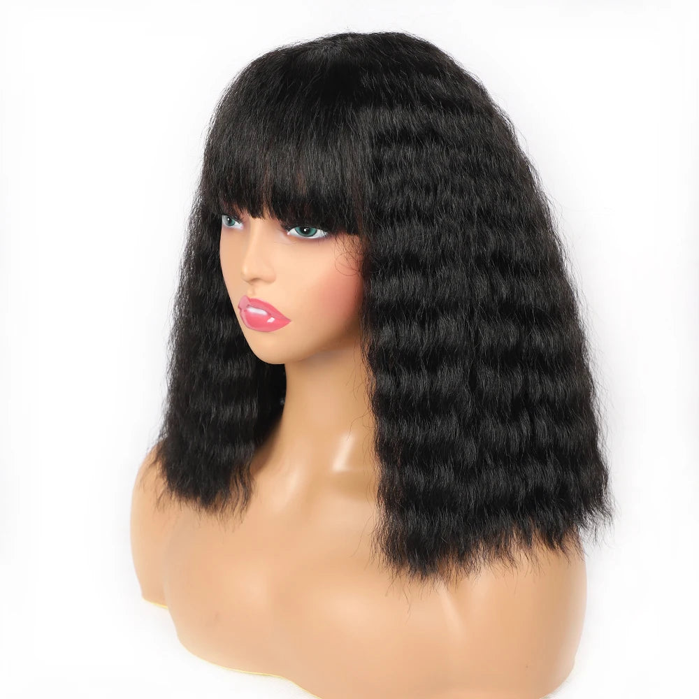 Short Afro Puffy Curly Synthetic Wig with Bangs – 12” Bob Wig for Black Women