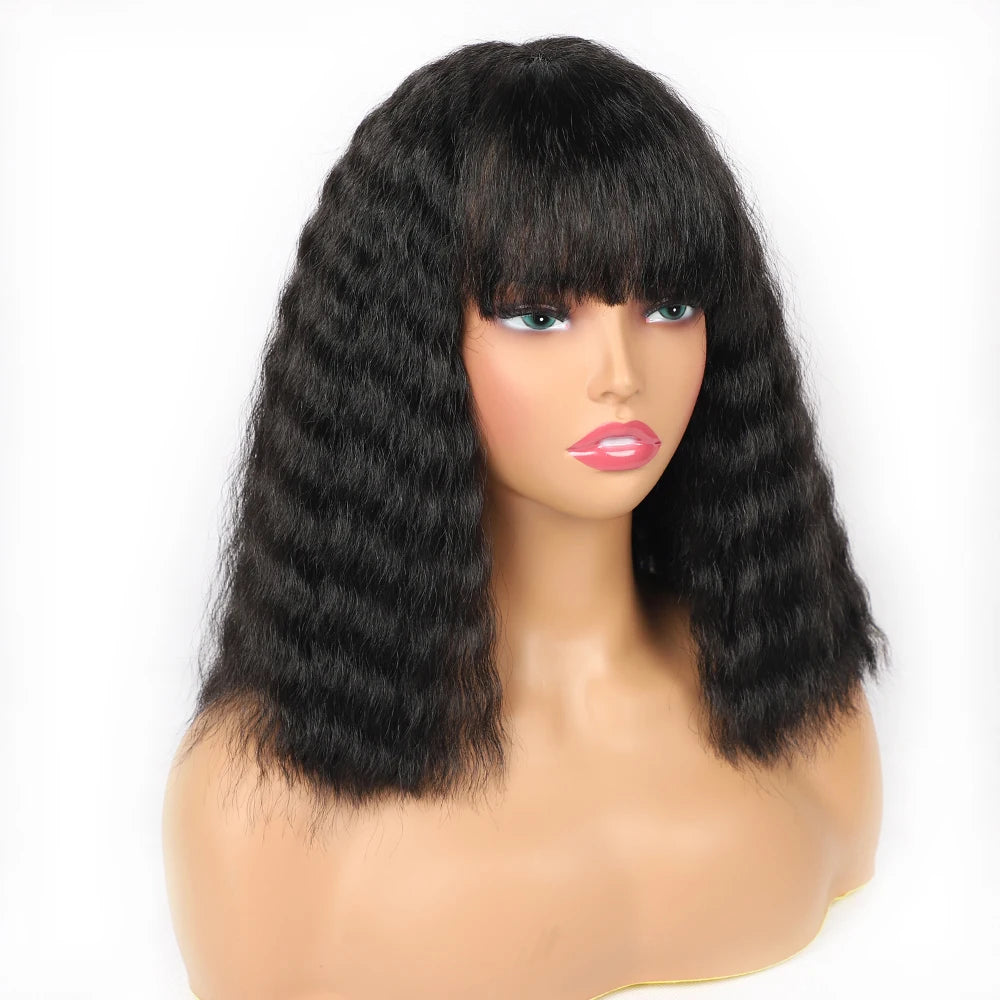 Short Afro Puffy Curly Synthetic Wig with Bangs – 12” Bob Wig for Black Women