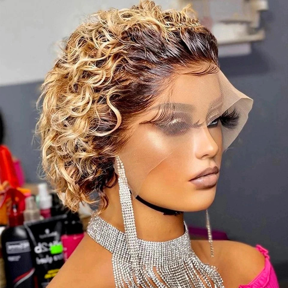 99J Pixie Cut Wig – Short Curly Bob Lace Front Human Hair Wig for Women | Natural Black or Blonde Options