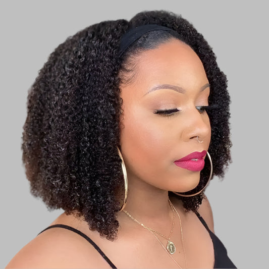 Afro Kinky Curly Headband Wig – 100% Human Hair, 180% Density, Glueless Brazilian Wig for Black Women