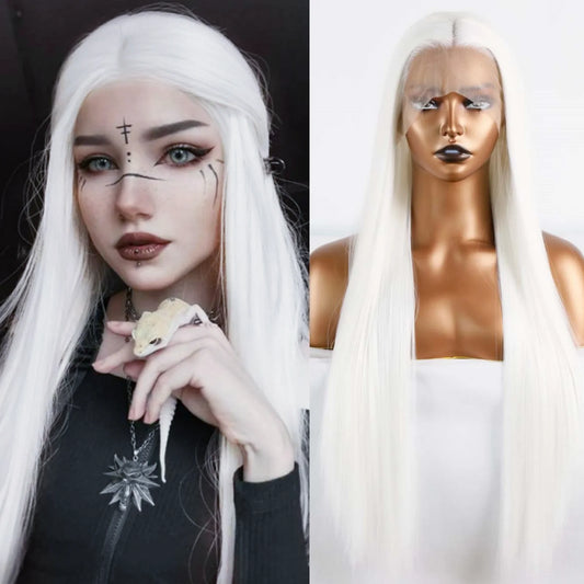 Long White Straight Lace Front Wig – Synthetic Glueless Wig for Women | Snow White Cosplay Ready-to-Wear Wig