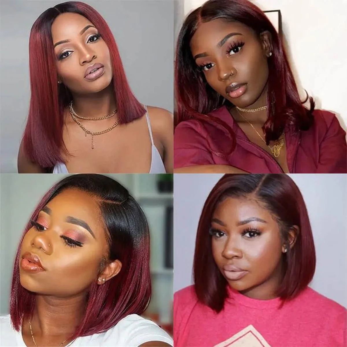 Short Straight Bob Wig – 1B/99J Burgundy Lace Front Human Hair, T Part, Pre-Plucked, 100% Remy Indian Hair