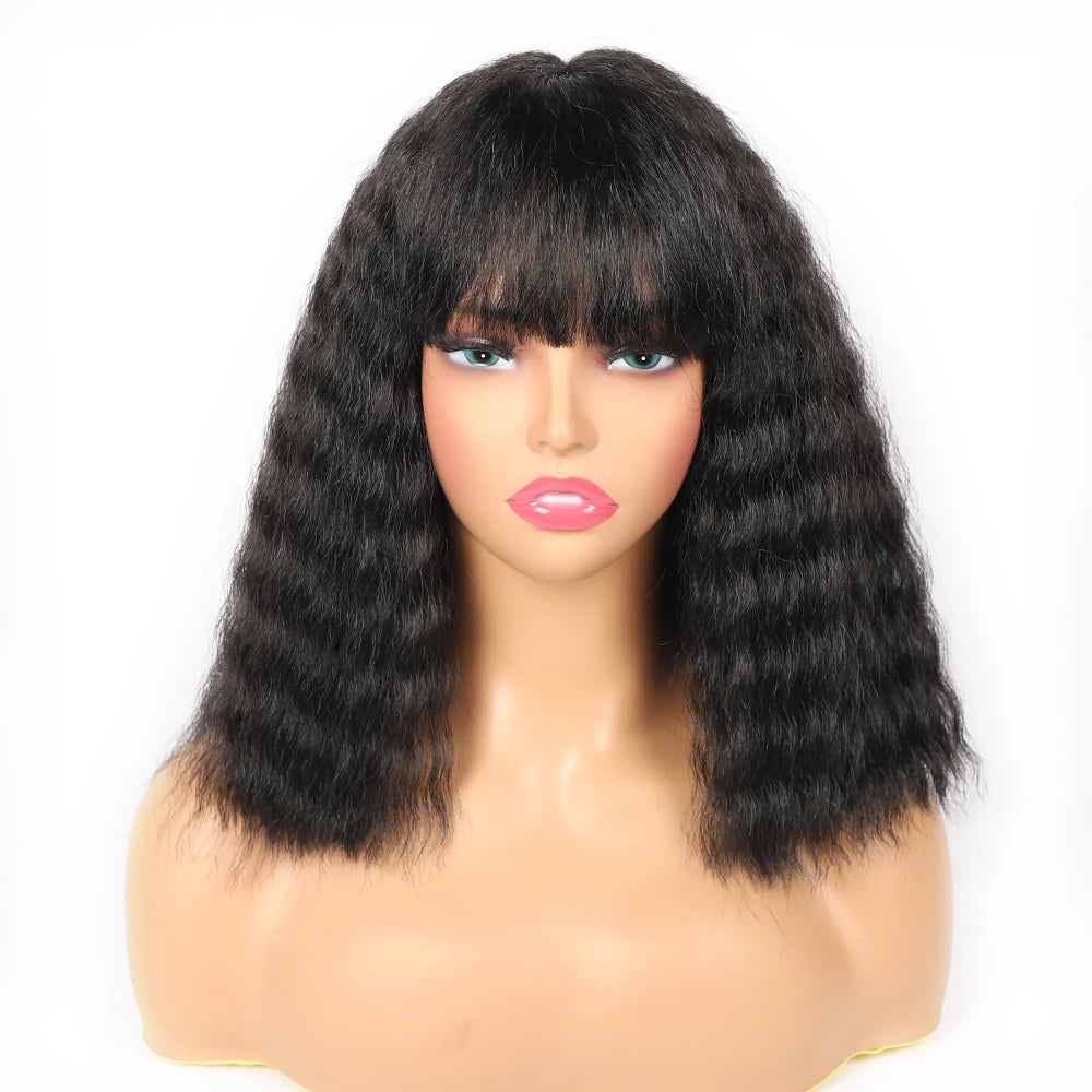 Short Afro Puffy Curly Synthetic Wig with Bangs – 12” Bob Wig for Black Women