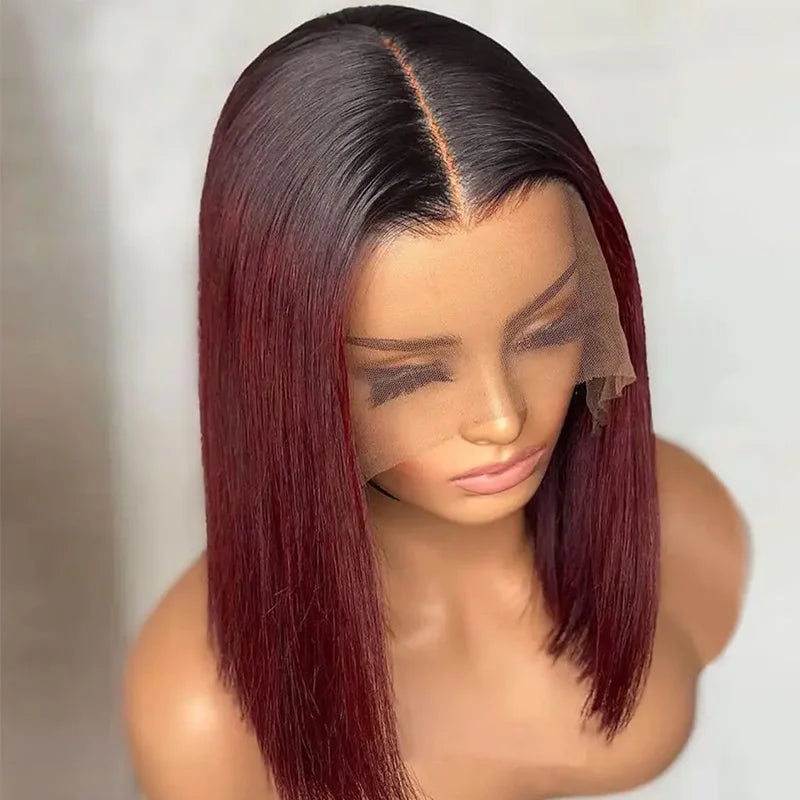 Short Straight Bob Wig – 1B/99J Burgundy Lace Front Human Hair, T Part, Pre-Plucked, 100% Remy Indian Hair