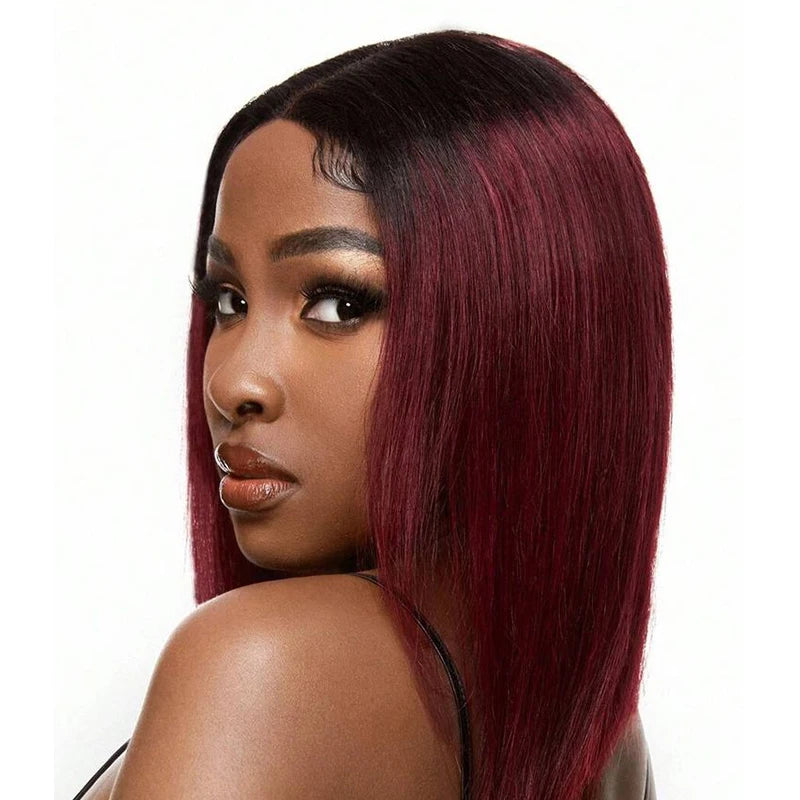 Short Straight Bob Wig – 1B/99J Burgundy Lace Front Human Hair, T Part, Pre-Plucked, 100% Remy Indian Hair