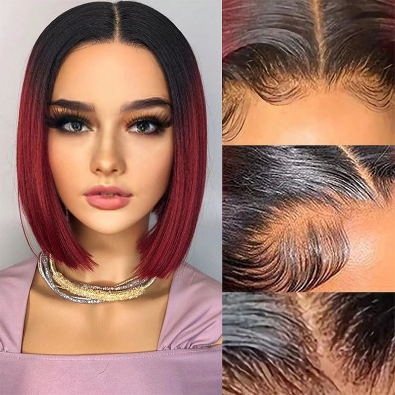 Short Straight Bob Wig – 1B/99J Burgundy Lace Front Human Hair, T Part, Pre-Plucked, 100% Remy Indian Hair