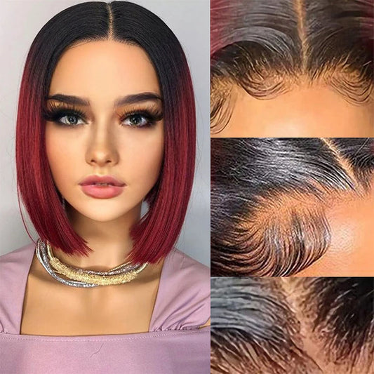 Short Straight Bob Wig – 1B/99J Burgundy Lace Front Human Hair, T Part, Pre-Plucked, 100% Remy Indian Hair