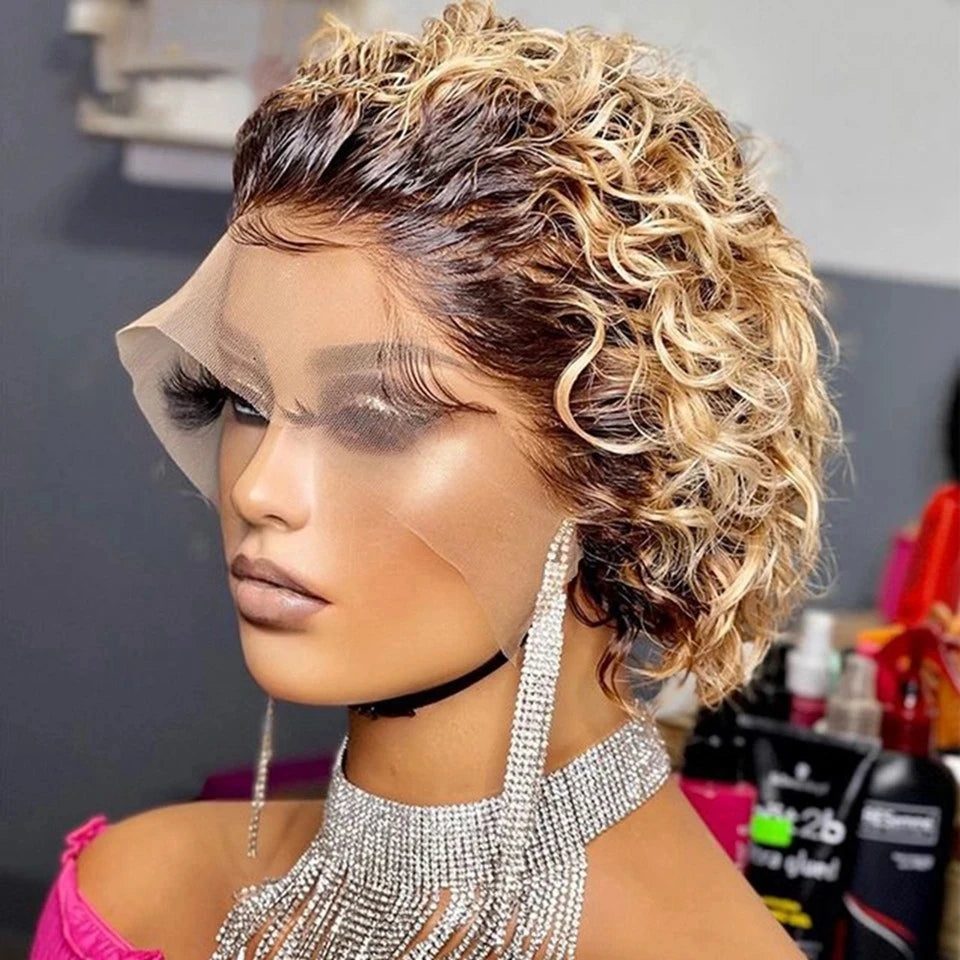 99J Pixie Cut Wig – Short Curly Bob Lace Front Human Hair Wig for Women | Natural Black or Blonde Options