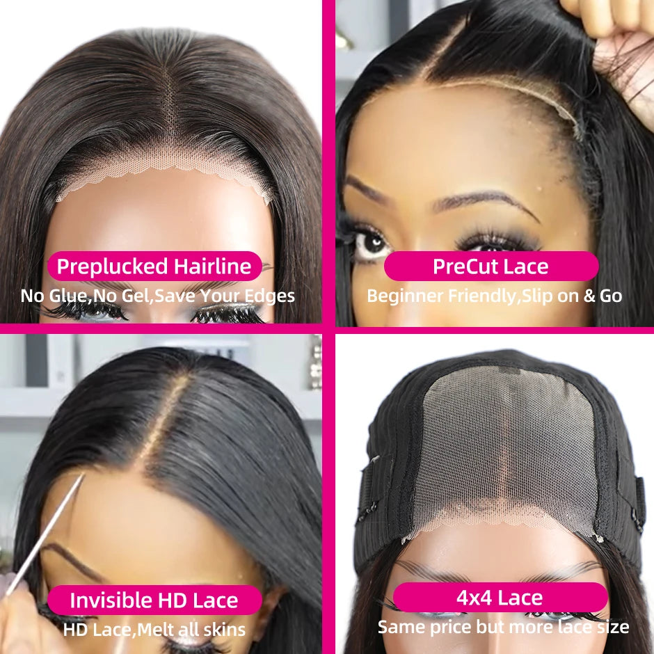 Wear & Go Straight Bob Wig – 100% Human Hair, Glueless Pre-Cut Lace Wig for Women (180% Density)