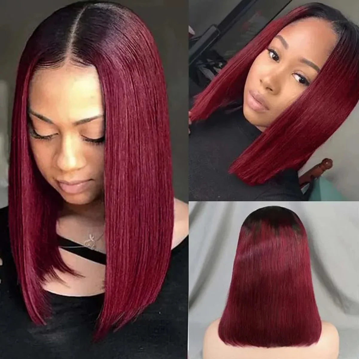 Short Straight Bob Wig – 1B/99J Burgundy Lace Front Human Hair, T Part, Pre-Plucked, 100% Remy Indian Hair