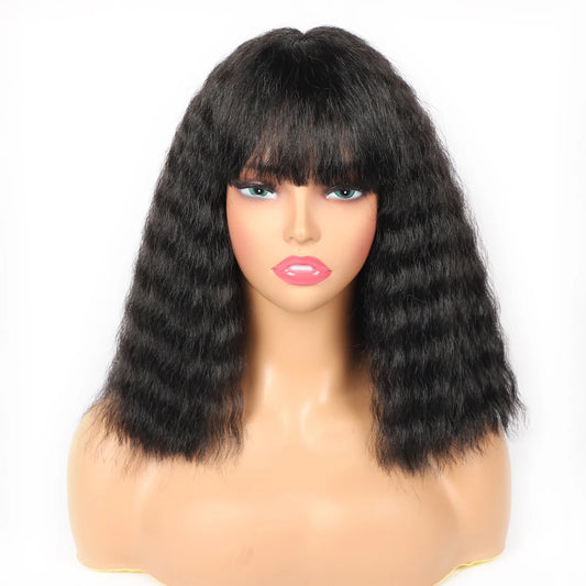 Short Afro Puffy Curly Synthetic Wig with Bangs – 12” Bob Wig for Black Women
