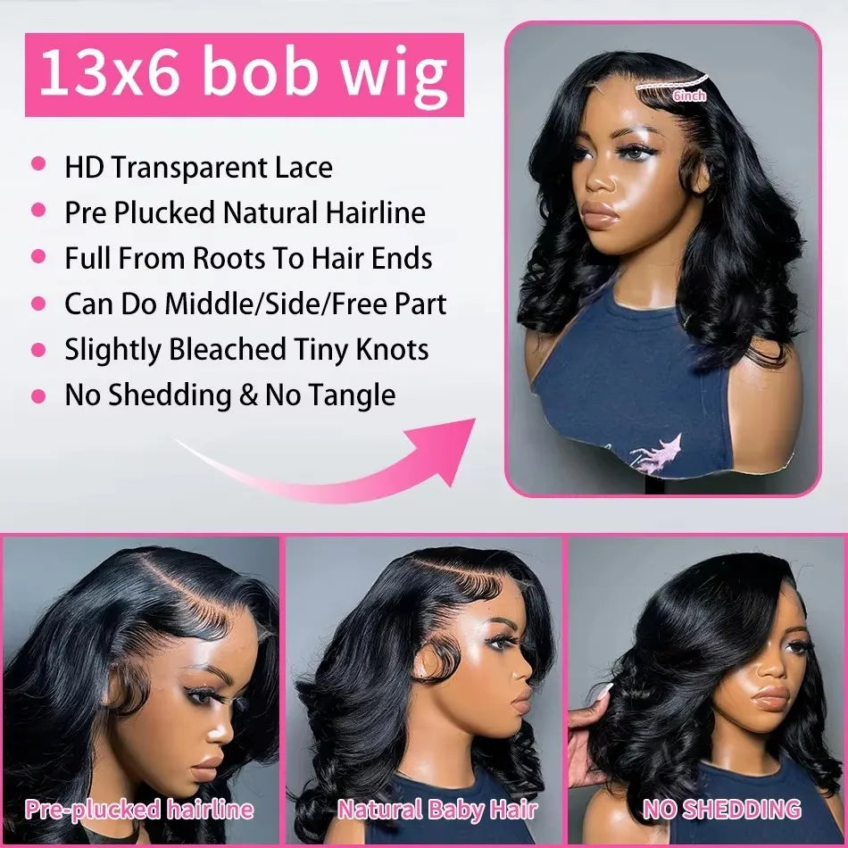 Linktowig 250% Density Body Wave Bob Wig – 13x6 & 13x4 HD Lace Front Human Hair Wig